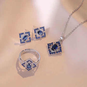 גיאומטריות כחול רויאל אבן מרובע עגיל טבעת שרשרות תליון לנשים תכשיטי כלה סטים אליפסה זירקון חתונה סט מתנה